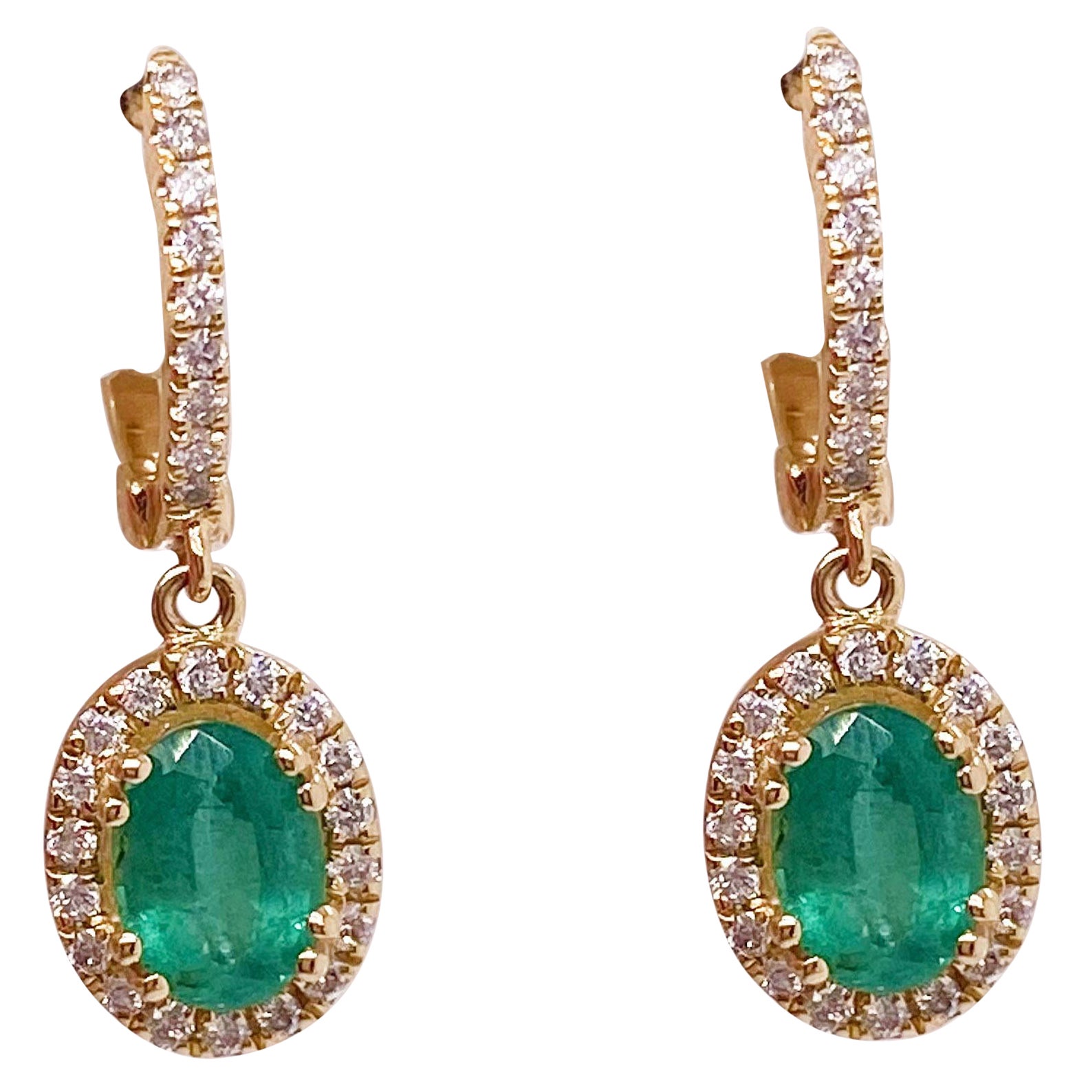 Emerald Dangle Earrings w Diamond Halo, Wedding Earrings, Everyday Earrings 14K