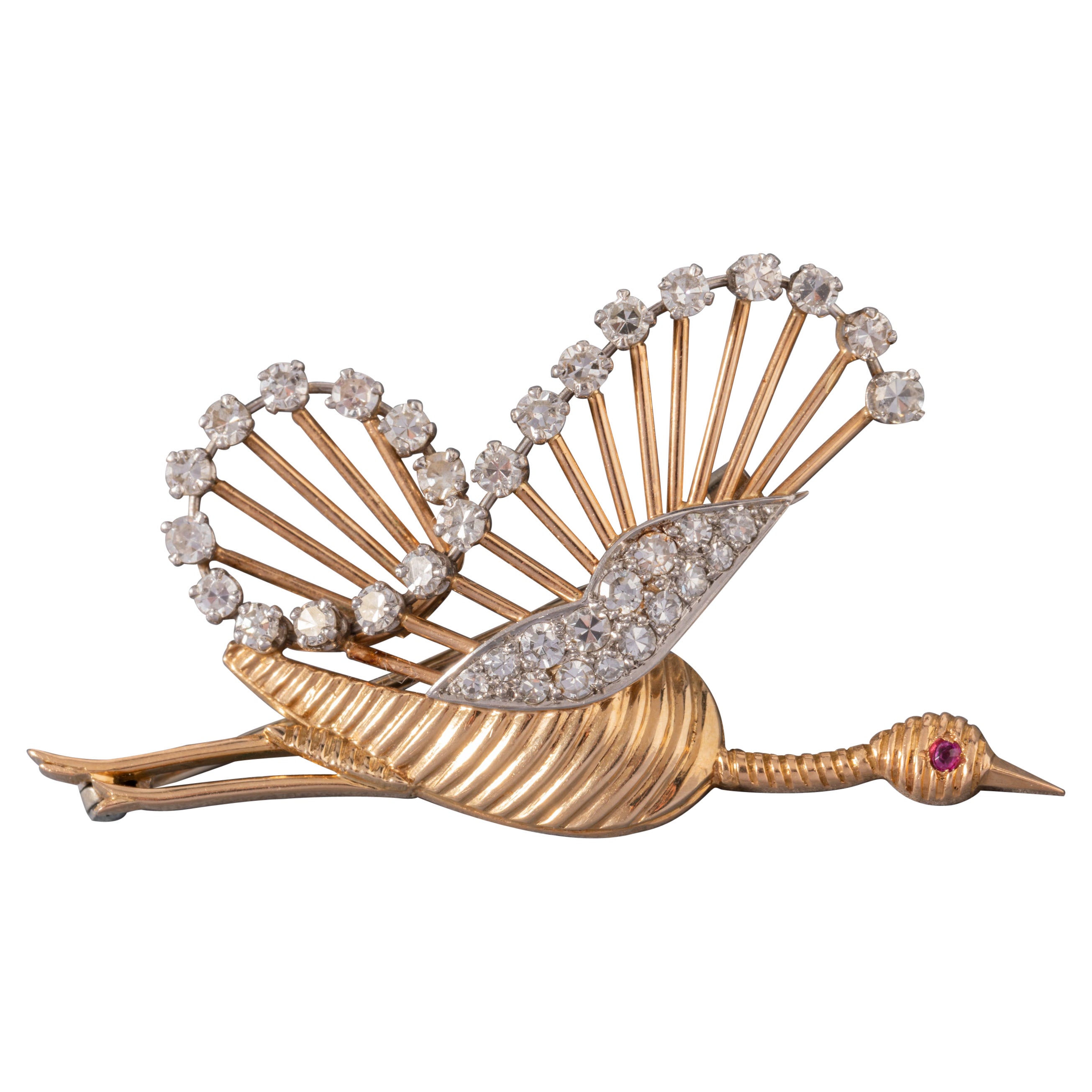 Gold and Diamonds French Vintage Bird Brooch For Sale