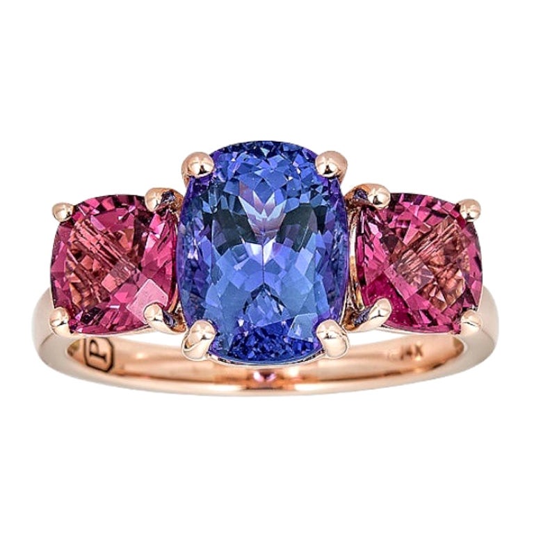 Bague à trois pierres en or rose 14 carats avec tanzanite et tourmaline rose