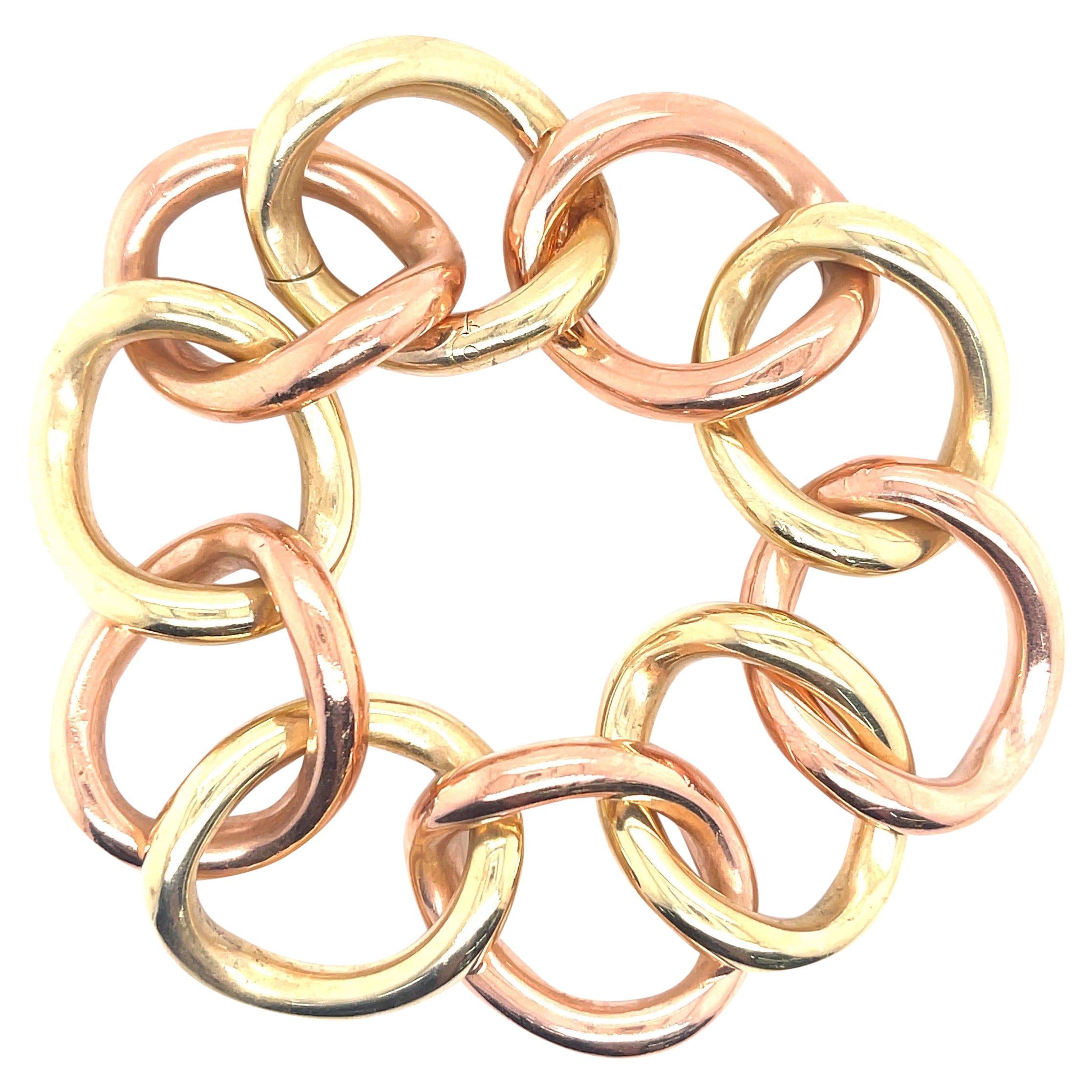 Grand bracelet à maillons bicolore en or jaune et rose 14 carats, 42,9 grammes 8 pouces