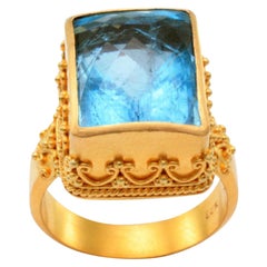 Steven Battelle 11.5 Carats Rectangular Aquamarine Handmade 22K Gold Ring