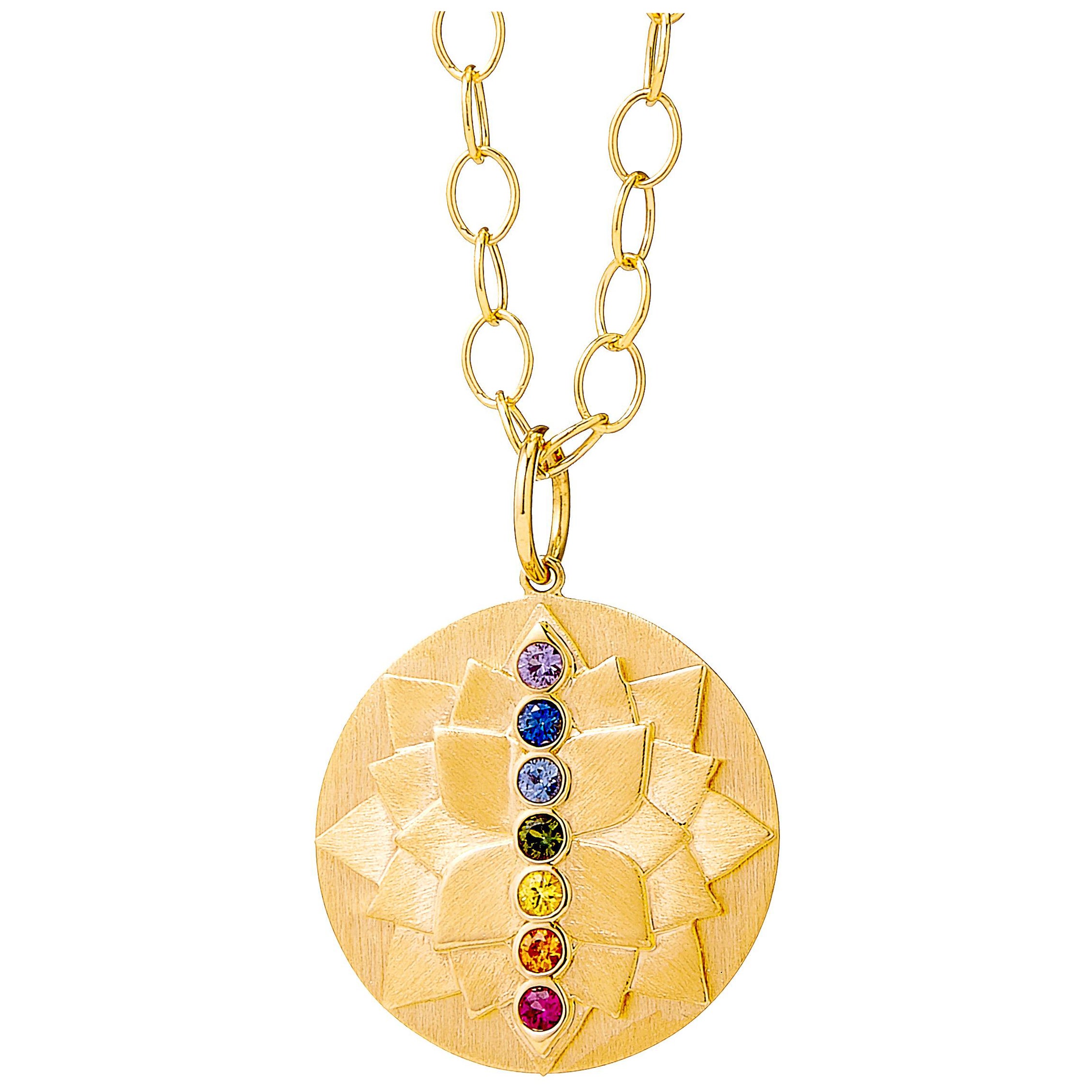 Syna Yellow Gold Cosmic Lotus Pendant with Multi Color Sapphires