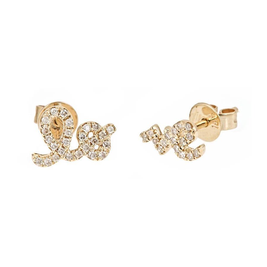 Sydney Evan 14k Yellow Gold Diamond Love Script Stud Earrings For Sale