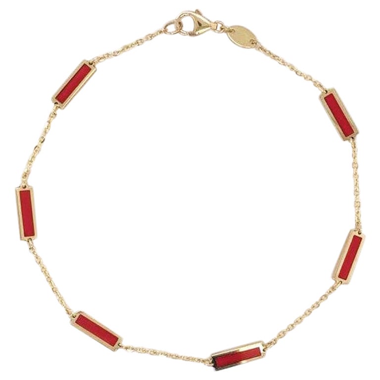 14k Yellow Gold & Red Coral Station Bar Bracelet