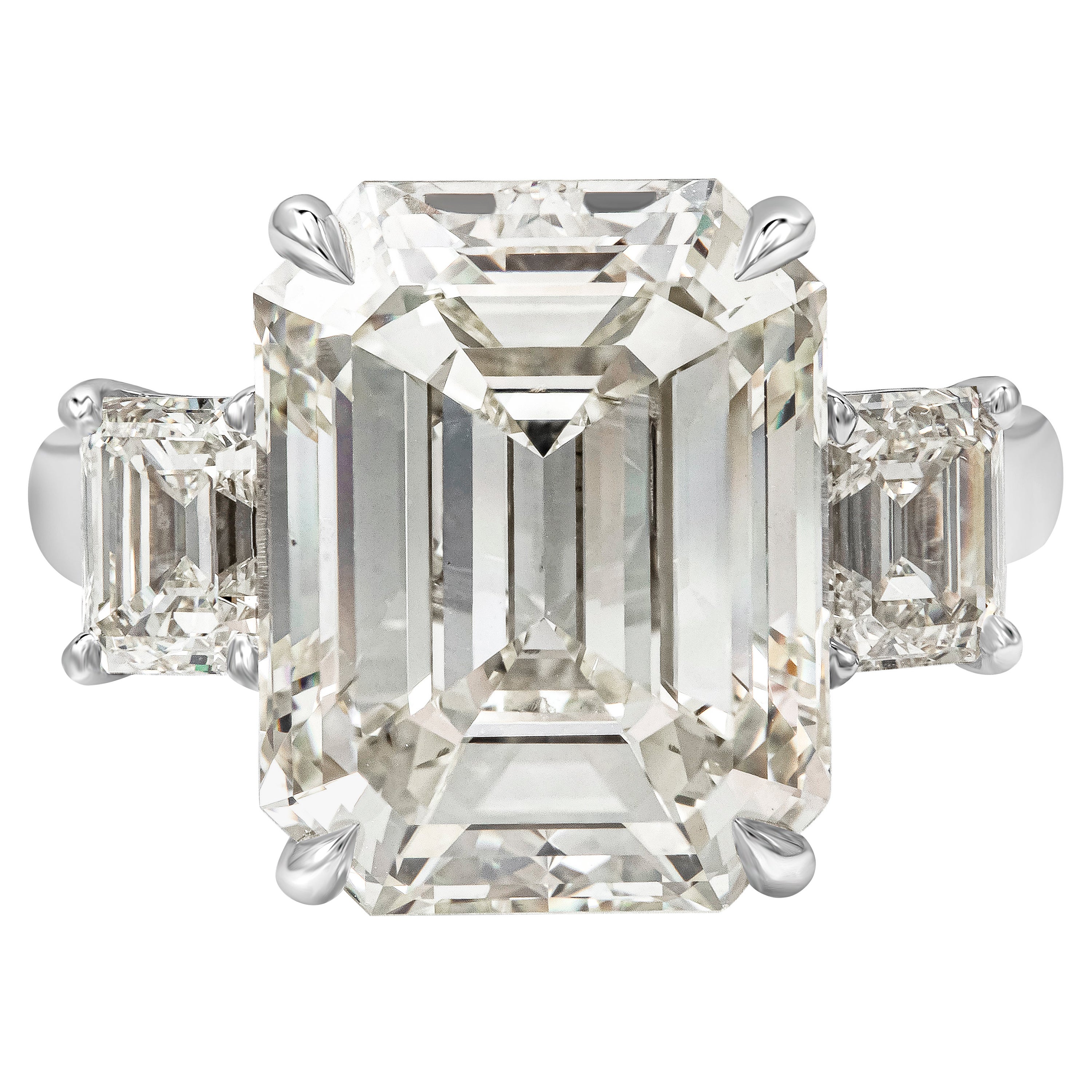 GIA Certified 10.88 Carat Emerald Cut Diamond Three-Stone Engagement Ring