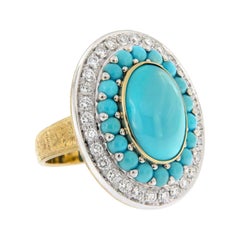 Italian 18 Karat Yellow Gold Persian Turquoise and Diamond Ring Made in Italy