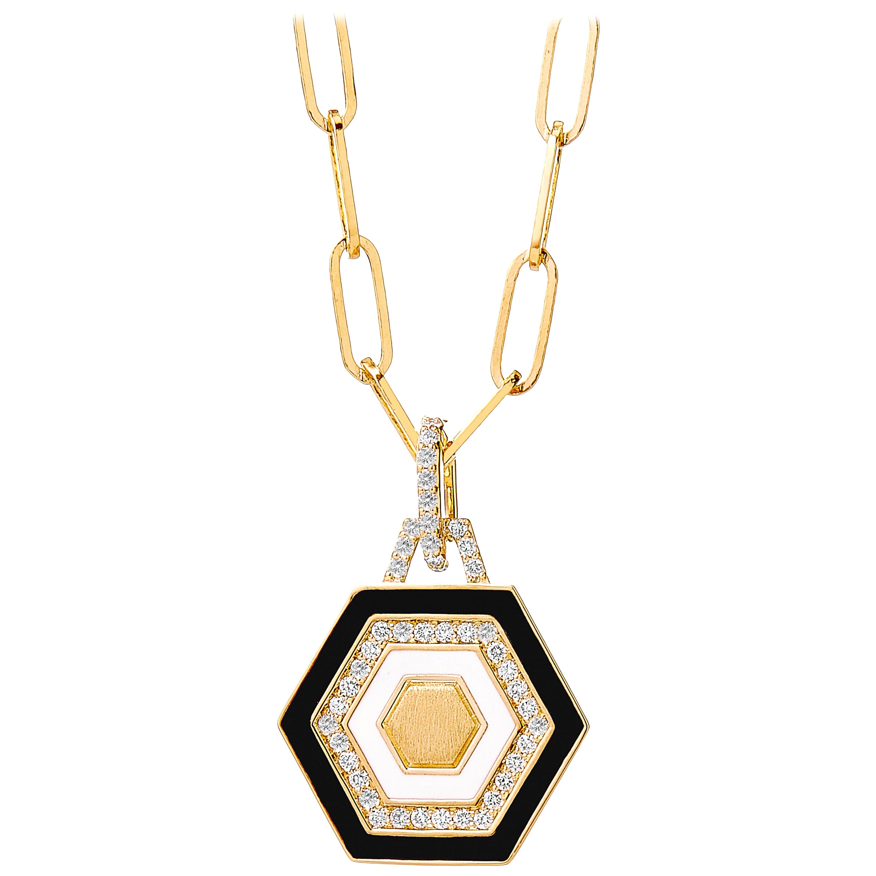 Syna Yellow Gold Black & White Enamel Pendant with Diamonds For Sale