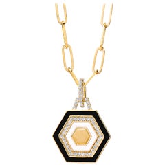 Syna Yellow Gold Black & White Enamel Pendant with Diamonds
