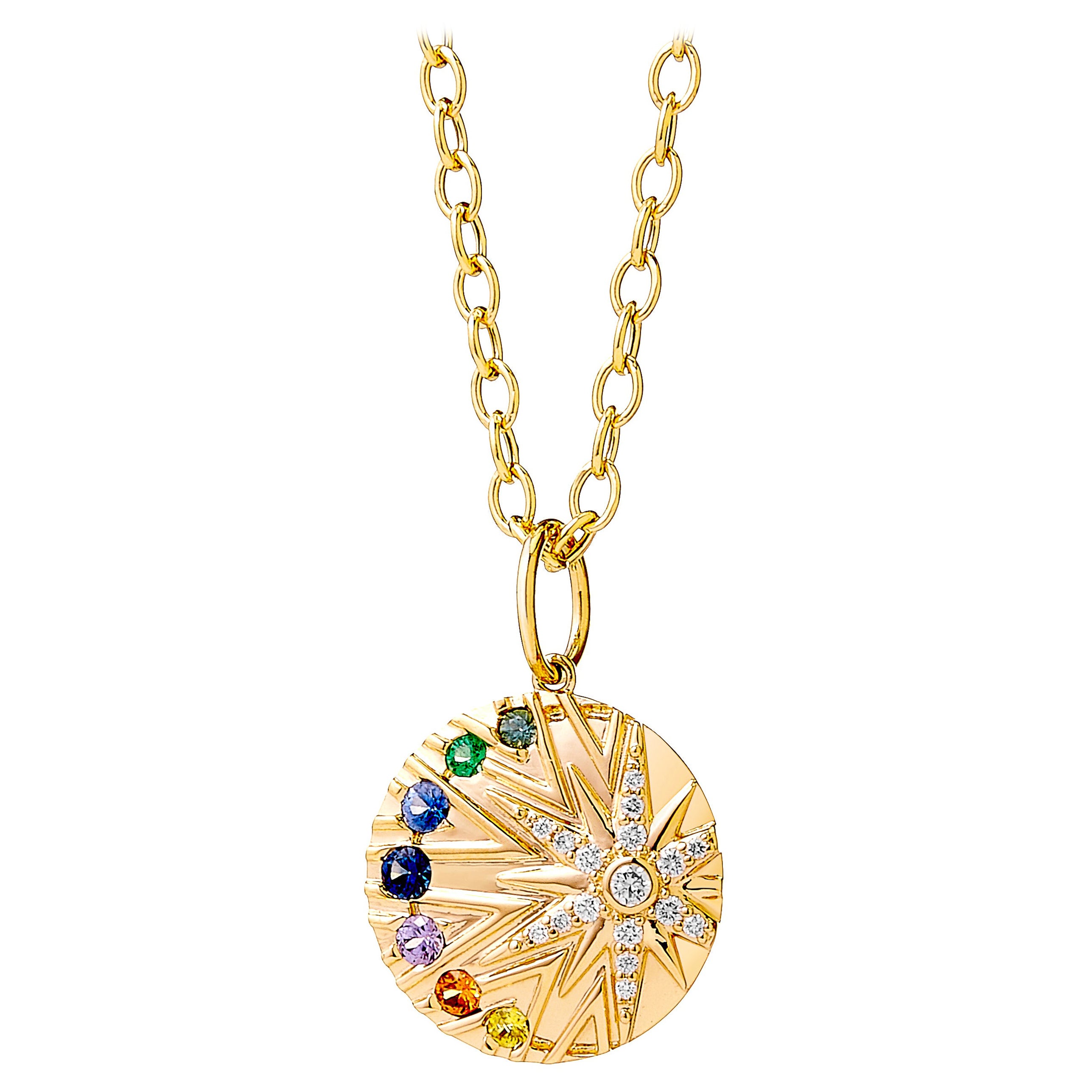 Syna Yellow Gold North Star Multi Sapphire Pendant with Diamonds For Sale