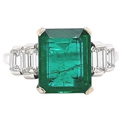 Vintage French GIA Zambian Emerald Diamond 18 Karat White Gold Ring
