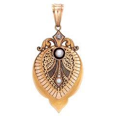 Antique Victorian Large Locket 18k Yellow Gold Diamond Pearl Enamel Pendant