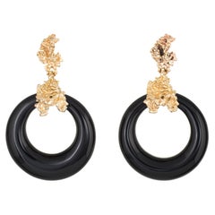 Vintage 70s Onyx Gold Nugget Earrings 14k Yellow Round Hoops Freeform