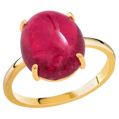 Cabochon Rubellite Bezel Raised Dome Yellow Gold Cocktail Ring