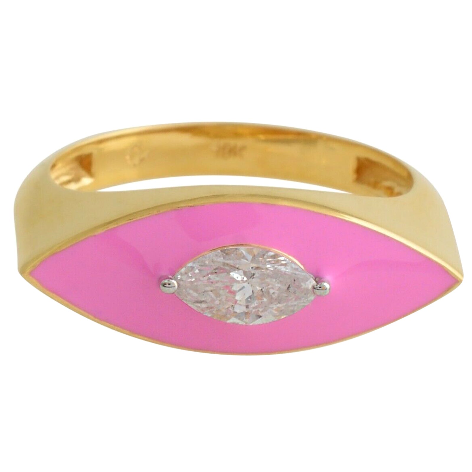 Pink Enamel Diamond 18 Karat Gold Marquise Ring For Sale