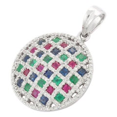 Statement Emerald, Ruby And Sapphire Round Pendant in 14kt Solid White Gold 