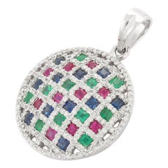 Statement Emerald, Ruby And Sapphire Round Pendant in 14kt Solid White Gold