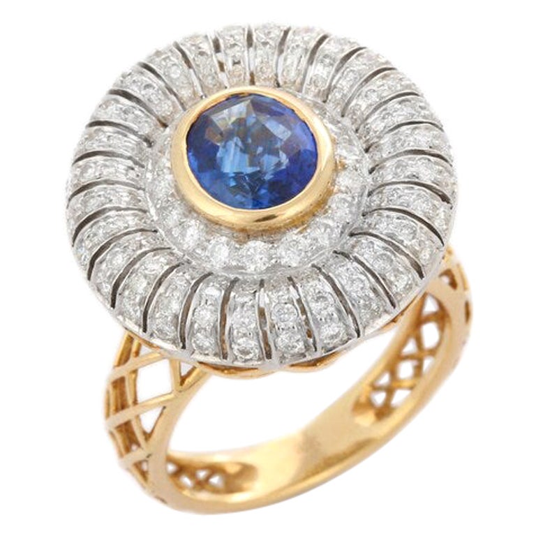 For Sale:   Unique Diamond and Blue Sapphire Cocktail Ring in 18k Solid Yellow Gold