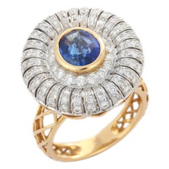  Unique Diamond and Blue Sapphire Cocktail Ring in 18k Solid Yellow Gold