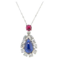 GIA Certified Burma No Heat Ruby and Sapphire Cabochon Diamond Pendant Necklace