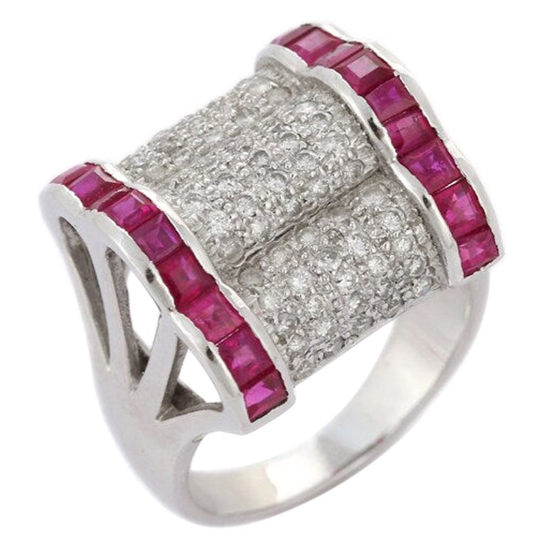 Diamond and Ruby Cocktail Ring in 18K White Gold