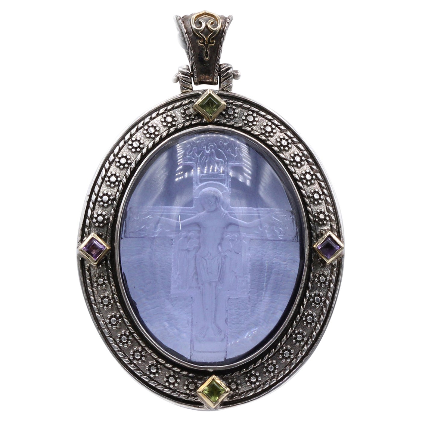 Italian Venetian Murano Glass Pendant Cameo of Crucified Cross in Silver  For Sale