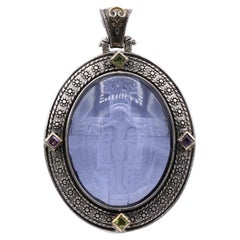 Vintage Italian Venetian Murano Glass Pendant Cameo of Crucified Cross in Silver 