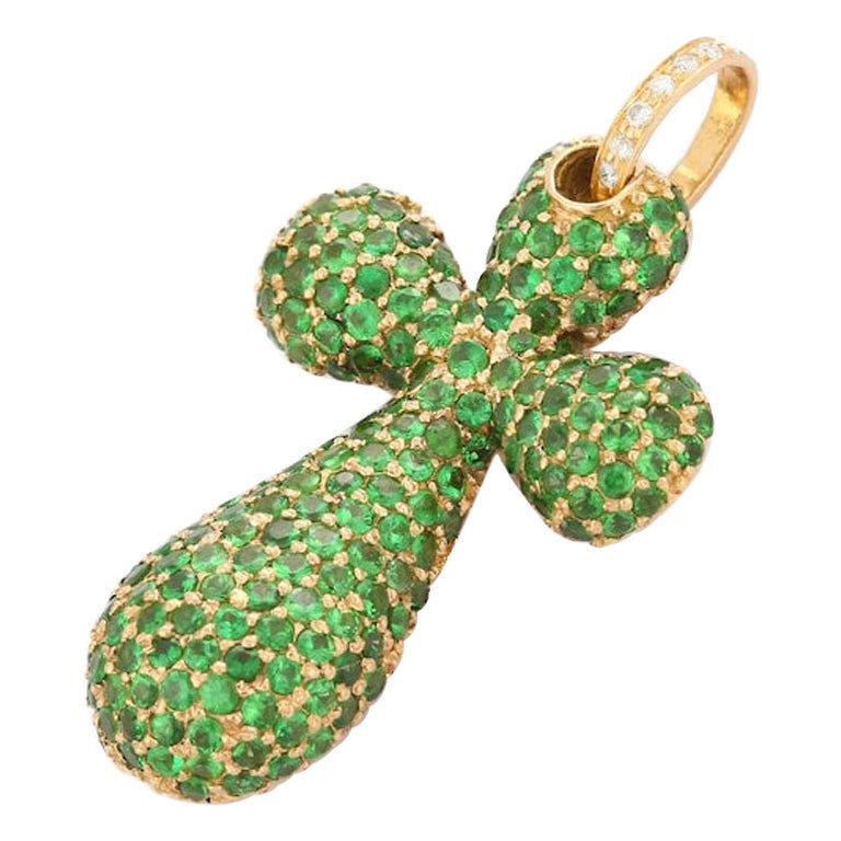 Diamond and Tsavorite Cross Pendant in 18kt Solid  Yellow Gold  For Sale