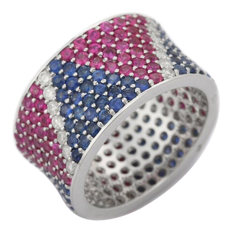 Grande bague d'éternité en or blanc massif 18 carats avec rubis, saphirs et diamants