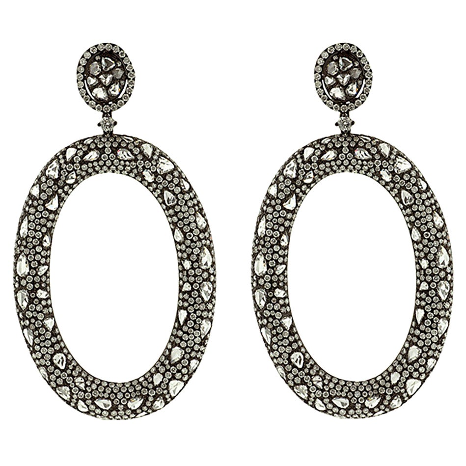 18K White Gold Plated Black Rhodium Rose Cut and Round Diamond Bagel Earrings