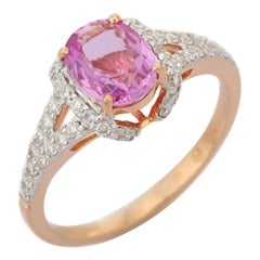 Bague véritable en or rose massif 18 carats avec saphir rose et diamants