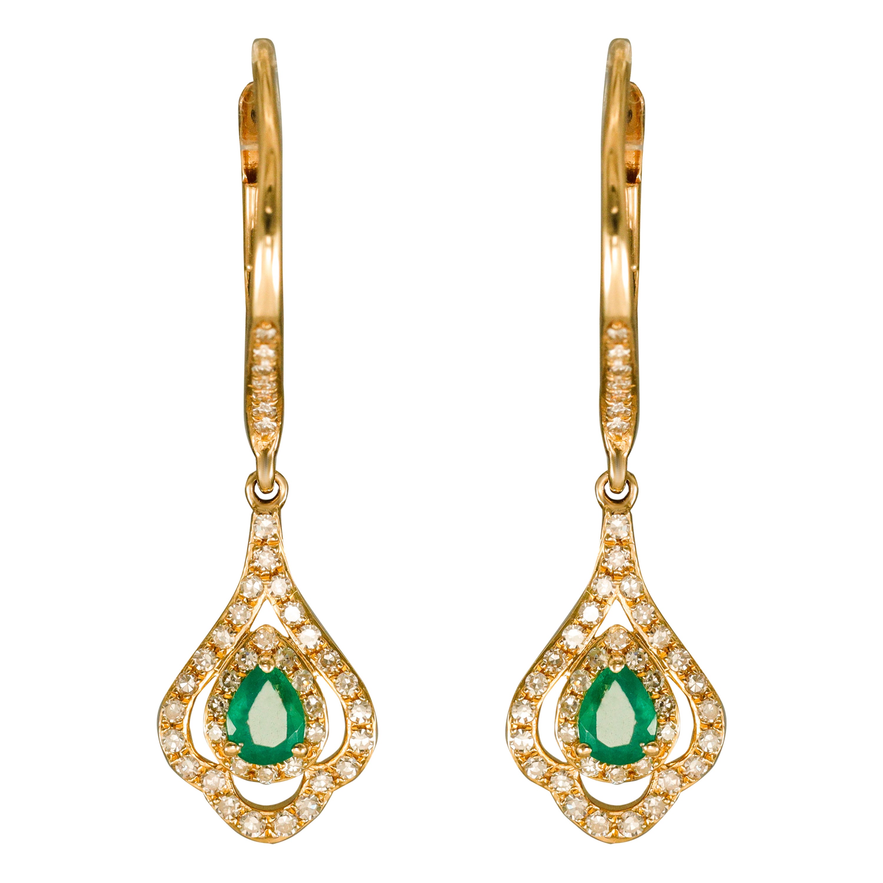 14K Yellow Gold Emerald and Diamond Earrings