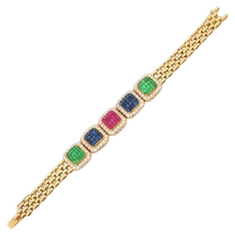 Art Deco Style Emerald Ruby Sapphire Bracelet 18k Solid Yellow Gold  For Sale