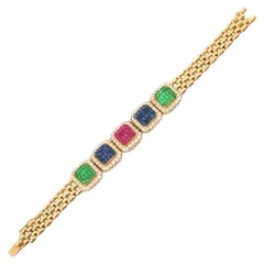Art Deco Style Emerald Ruby Sapphire Bracelet 18k Solid Yellow Gold 
