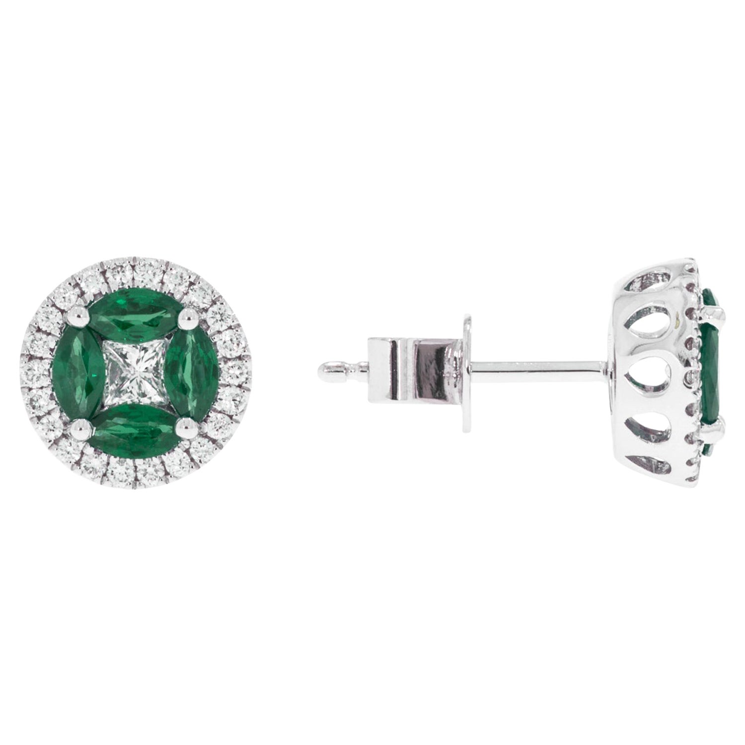 14K White Gold Emerald and Diamond Earrings For Sale