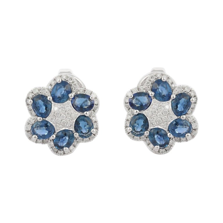 Diamond Sapphire Floral Stud Earrings in 14kt Solid White Gold For Sale