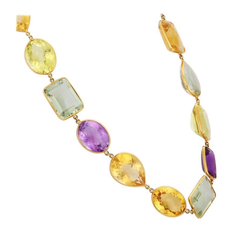 Amethyst Citrine Peridot Topaz Multi-Gemstone Necklace in 18k Solid Yellow Gold For Sale