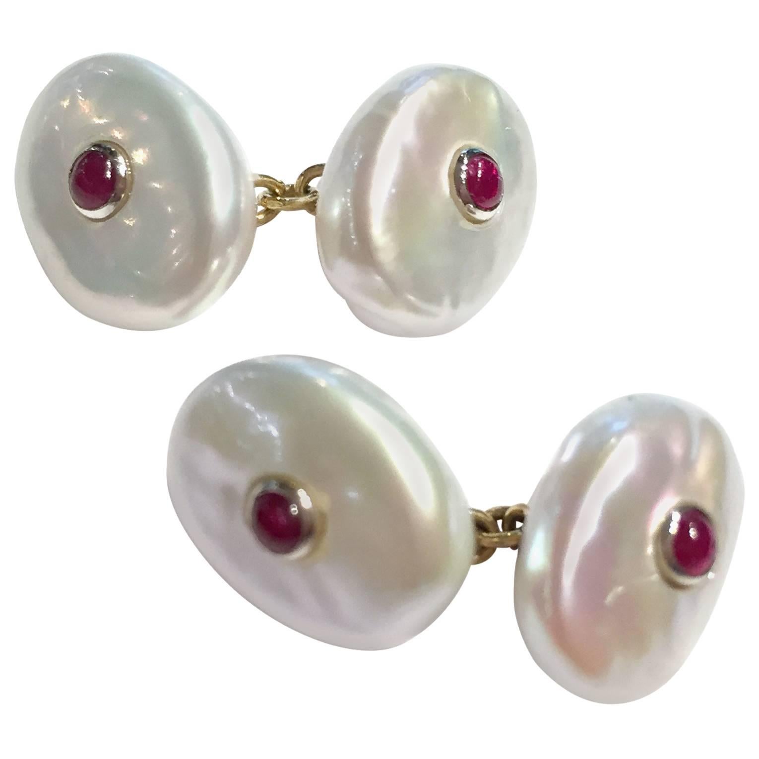 1970s Pearl Ruby Gold Cufflinks  For Sale