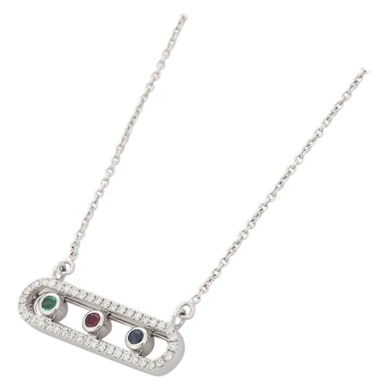 Ruby Emerald and Sapphire Pendant Necklace in 18kt Solid White Gold For Sale