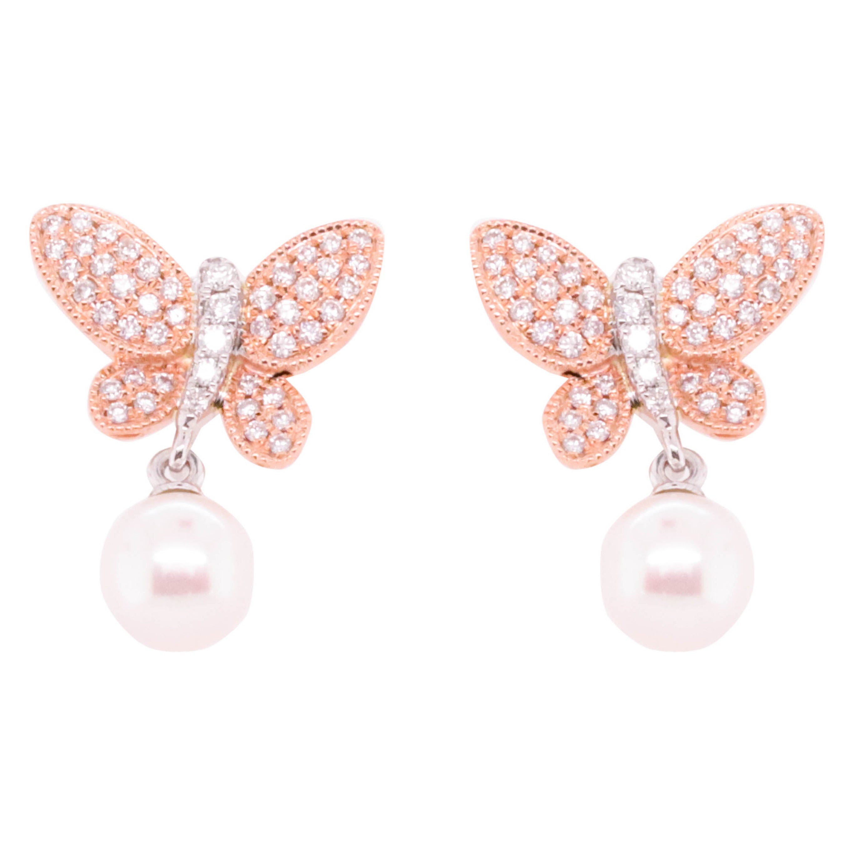 14K Rose Gold Pearl and Diamond Earrings