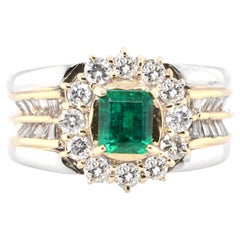 0.73 Carat Natural Emerald and Diamond Cocktail Ring Set in Platinum & 18K Gold