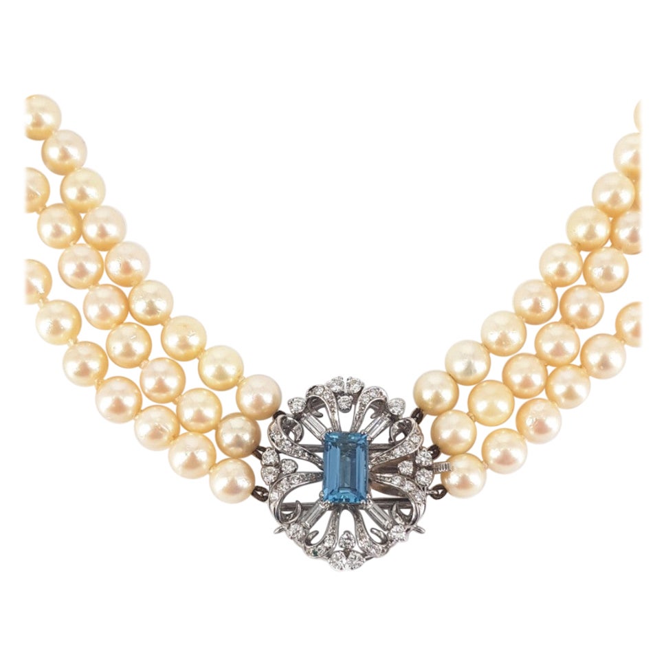9ct White Gold Aquamarine & Diamond Pearl Necklace