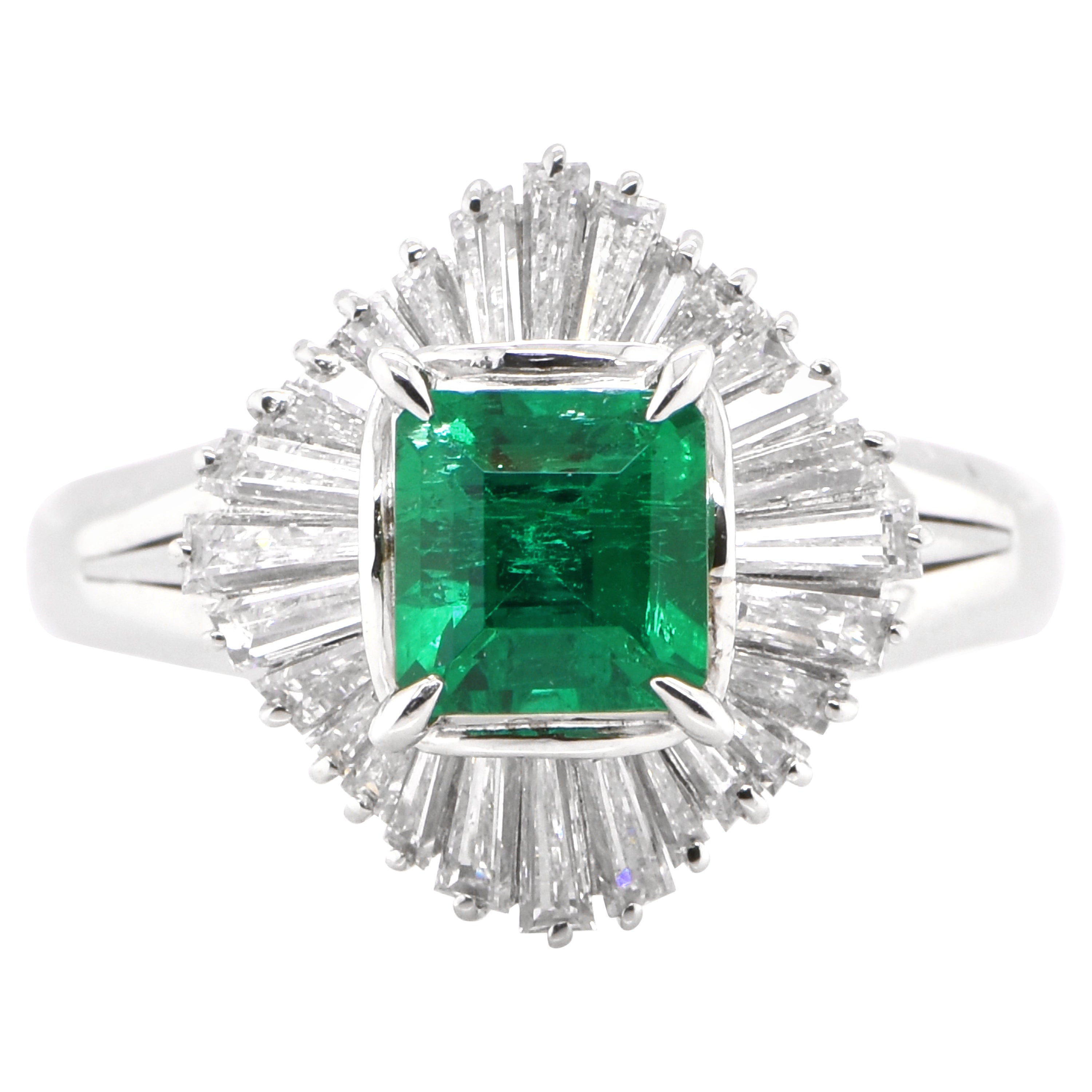 0.68 Carat Natural Emerald and Diamond Vintage Ballerina Ring Set in Platinum
