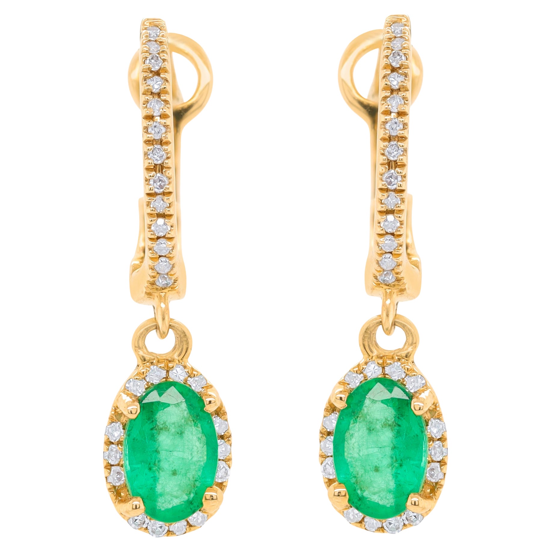 14K Yellow Gold Emerald and Diamond Earrings 
