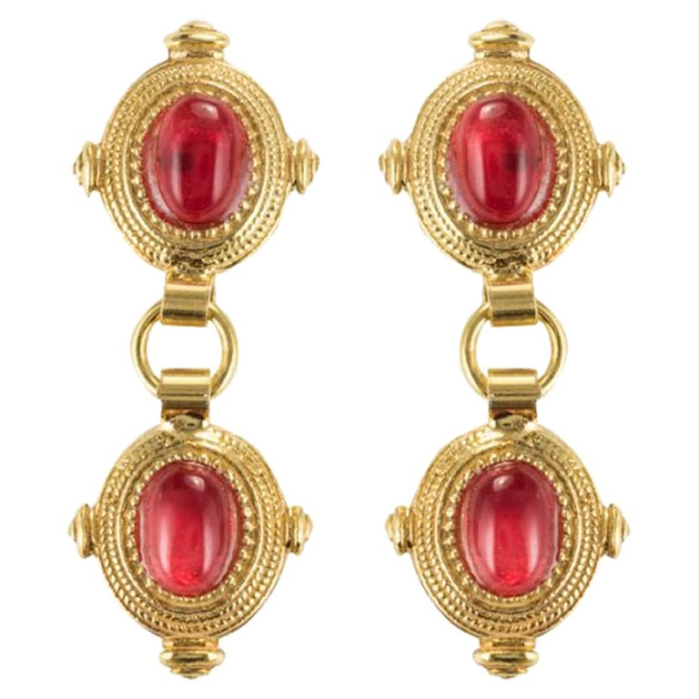 New Etruscan Style Vermeil Red Stone Drop Earrings For Sale