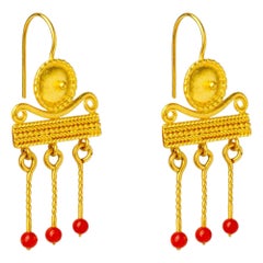 Antique Handcrafted 24K Gold Shield Shaped Roman Inspired Earrings with Coral Beads