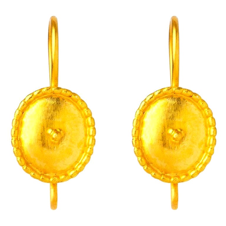 Handcrafted 24K Gold Shield Form Roman Inspired Dangling Earrings