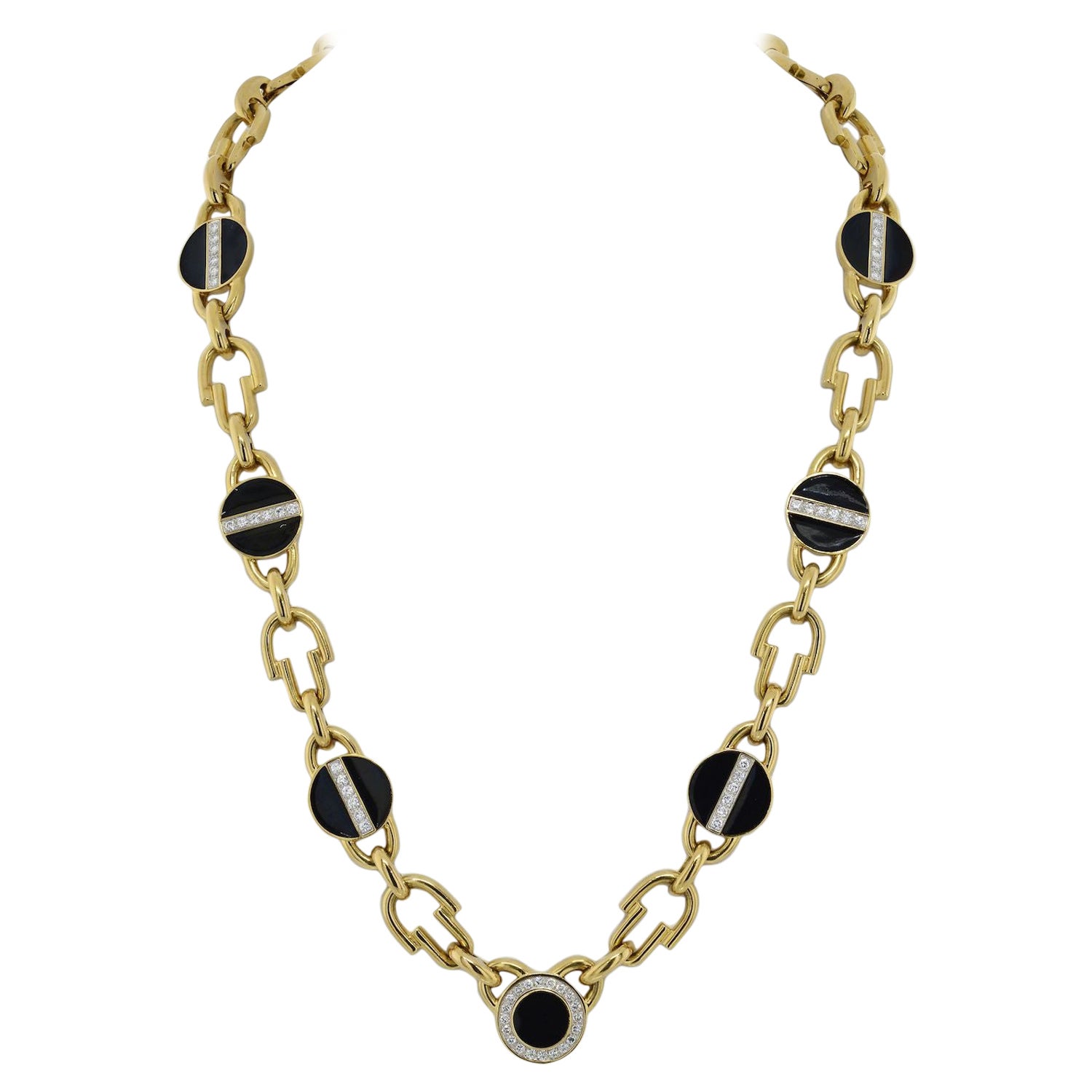 David Webb Yellow Gold Link Black Enamel Diamond Chain Necklace For Sale