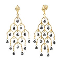 One-of-a-Kind Dew Diamond Gold Chandelier Earrings, with Black Diamond