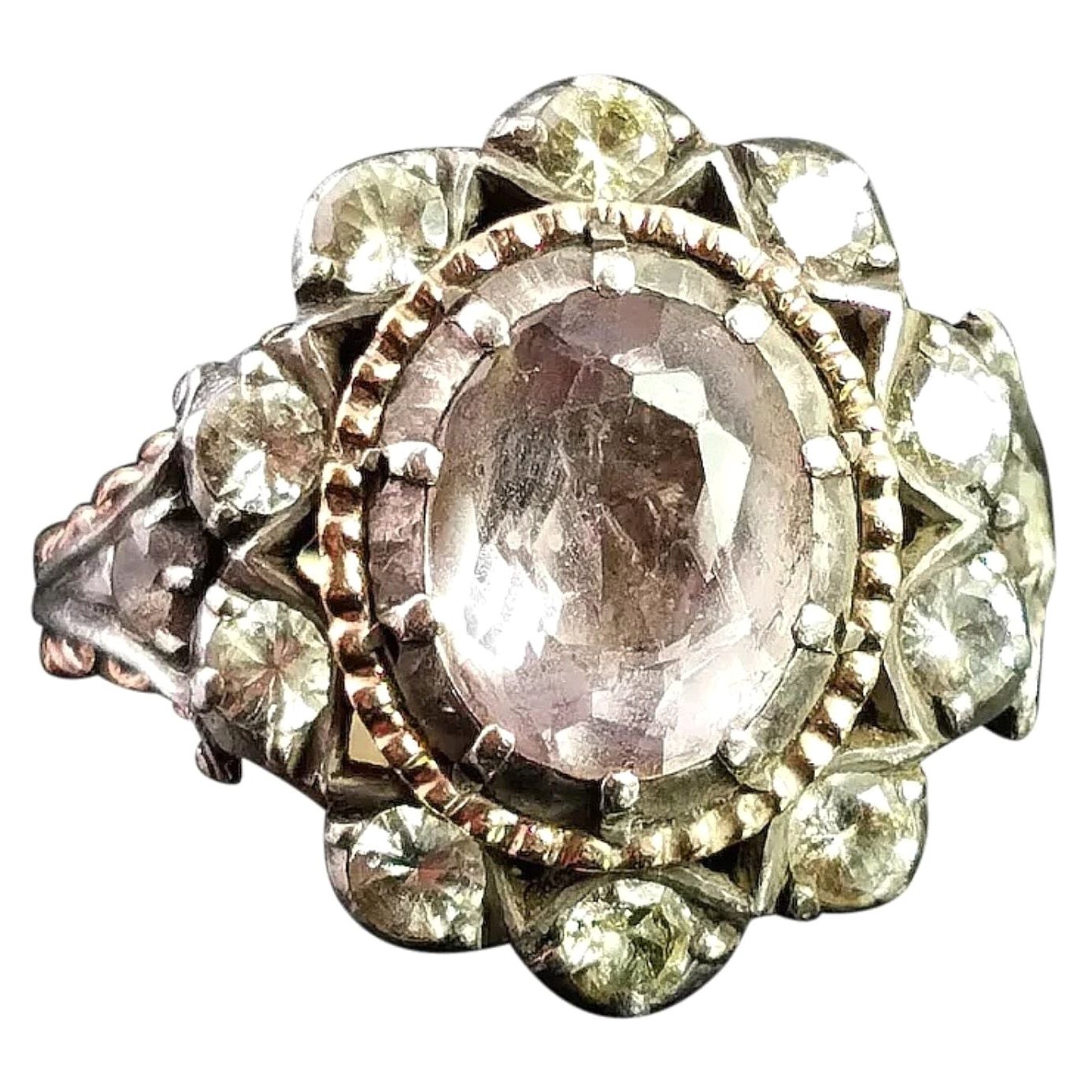 Georgian Pink Topaz Cluster Ring, 18 Karat Yellow Gold, Foiled Paste, Silver