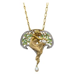 Retro Art Nouveau Style Masriera 18K Gold Diamond Enamel Pearl Nymph Pendant Brooch